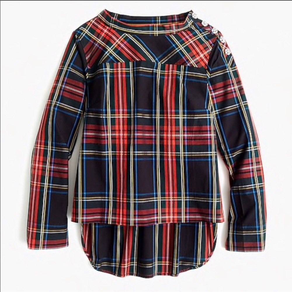 J.Crew Plaid Tunic w/ Rhinestone Shoulder Detail